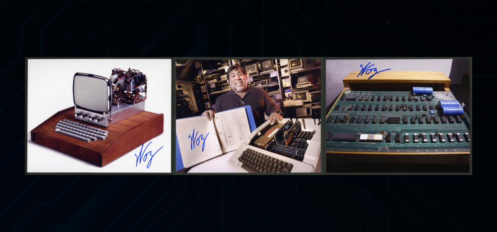 Photos of retro Apple computers signed by Steve Wozniak