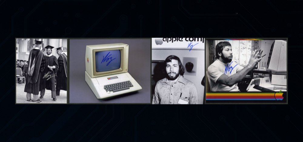 Photos of Steve Wozniak at various eras of his life signed by Woz himself